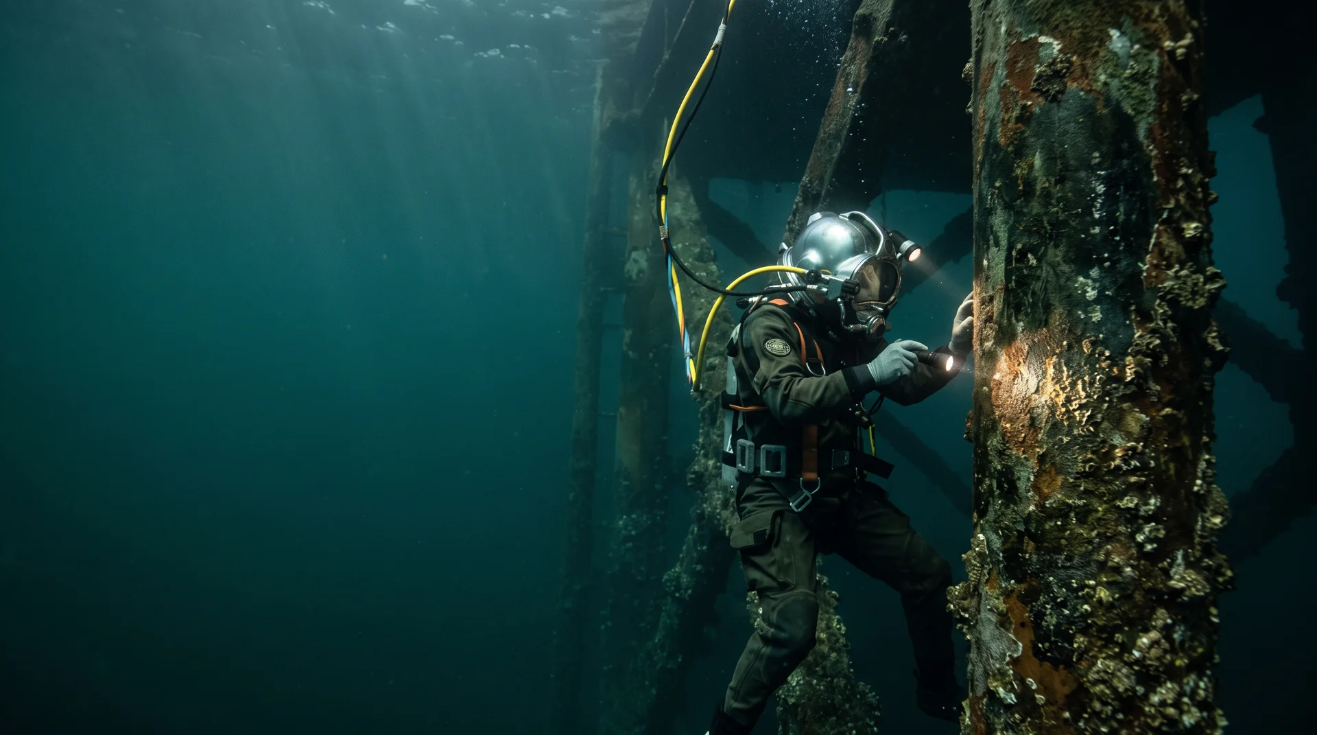 Escena ilustrativa de un buzo profesional inspeccionando una estructura submarina